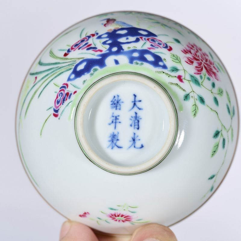 清光绪 粉彩洞石花鸟纹茶圆 - 图4