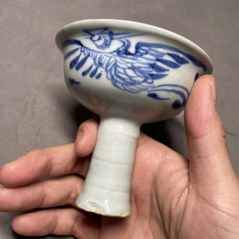 元 外青花凤纹内模印杂宝纹小高足杯 - 图7