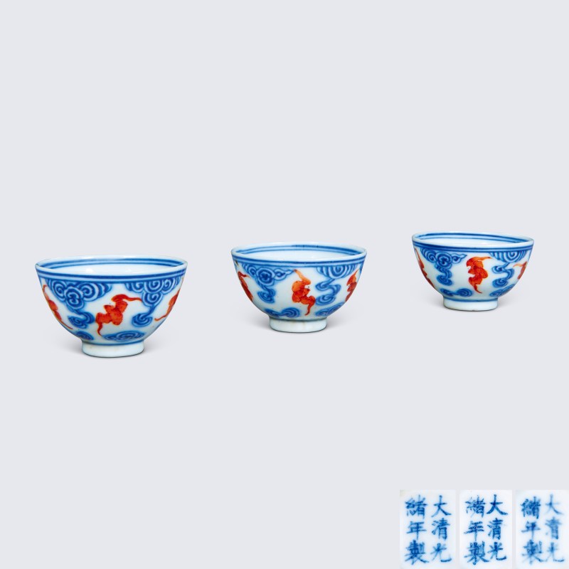 清光绪 青花矾红洪福齐天纹杯3只