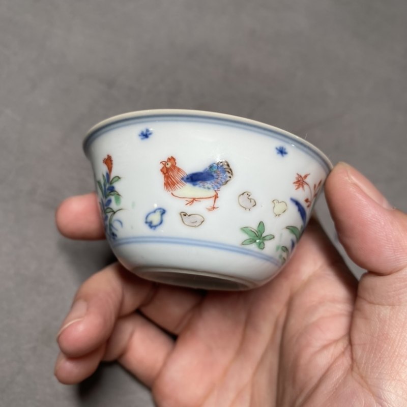 清康熙 青花五彩鸡缸杯 - 图11