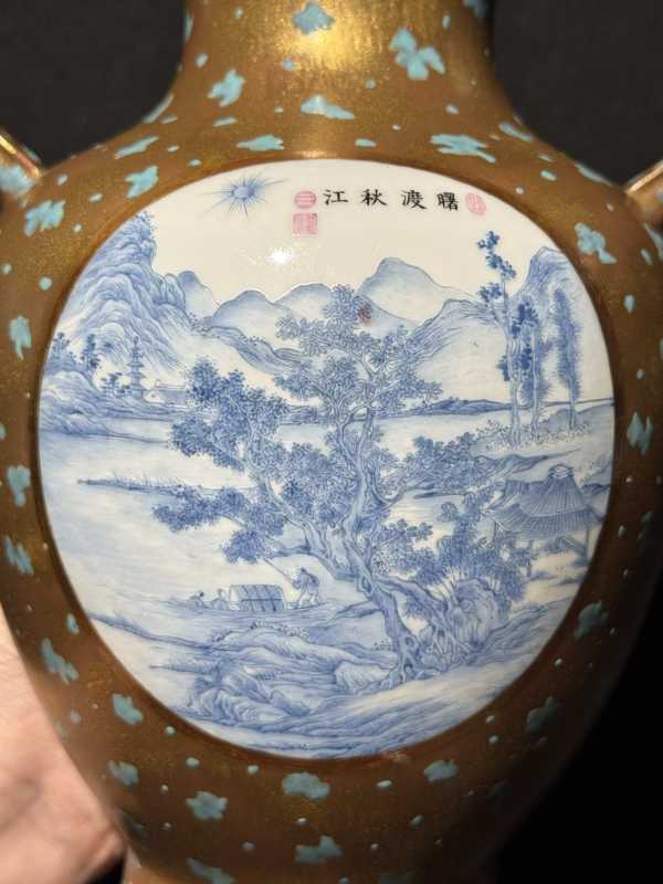 民国 金地洒蓝开光粉彩加料彩山水人物故事图瓶 - 图13