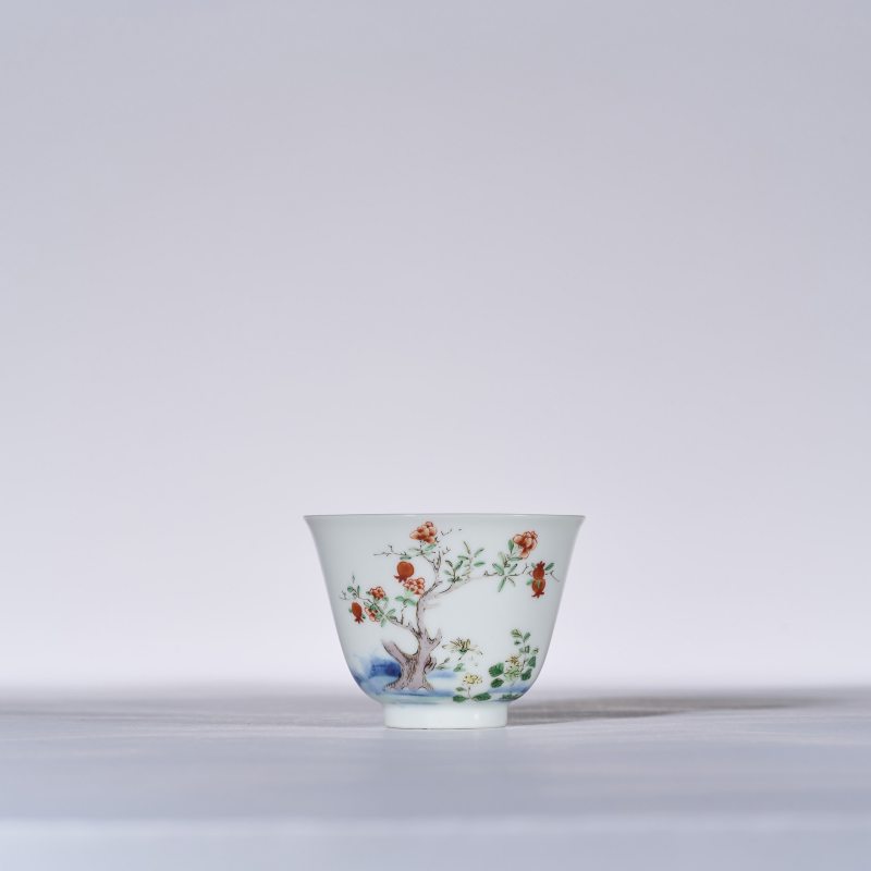 清雍正 青花五彩石榴花卉诗文花神杯 - 图3