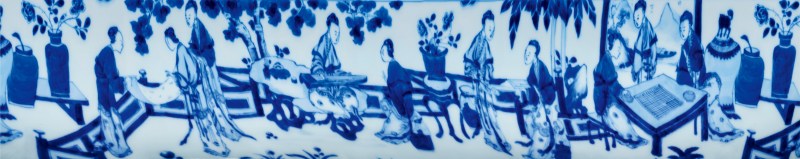 清雍正 青花仿宣窑宫苑仕女琴棋书画图碗 - 图5