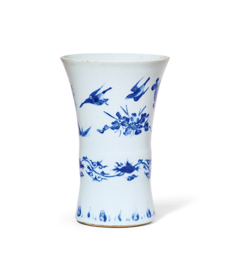 明崇祯 青花花鸟纹小花觚 - 图1