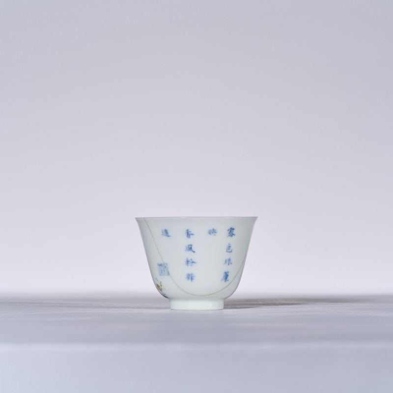 清雍正 青花五彩石榴花卉诗文花神杯 - 图4
