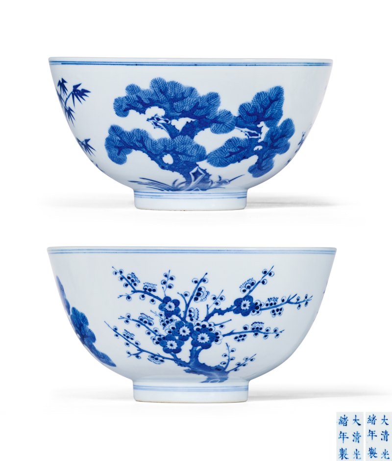 清光绪 青花松竹梅纹碗一对