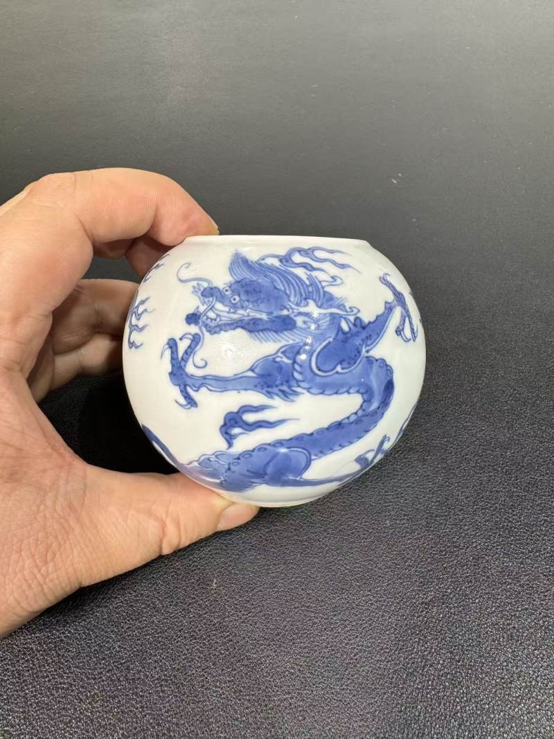 清康熙 青花龙凤纹水盂 - 图2