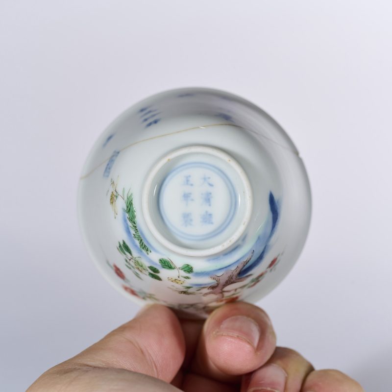清雍正 青花五彩石榴花卉诗文花神杯 - 图5