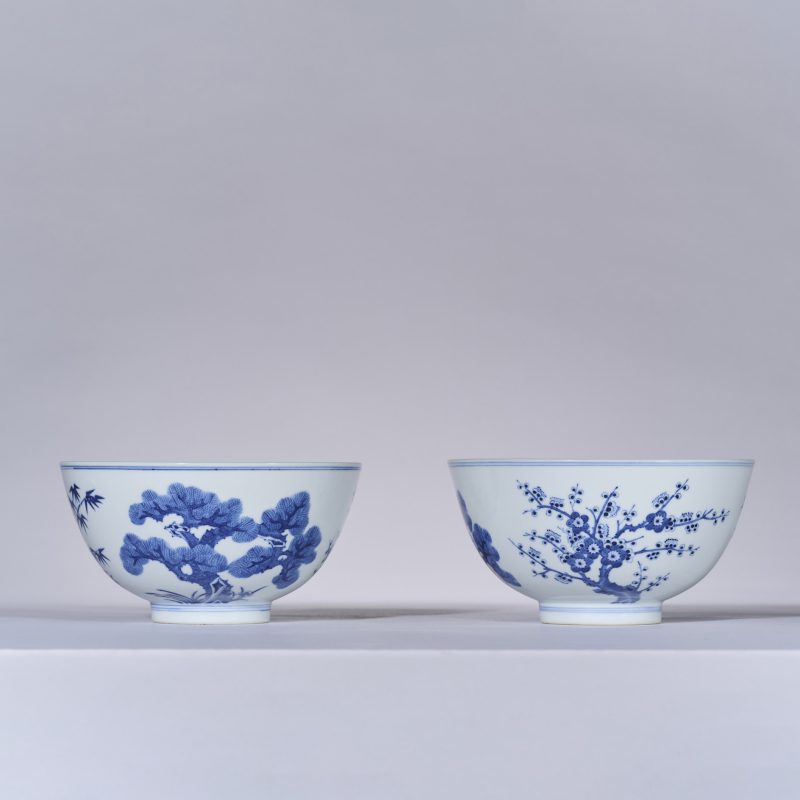 清光绪 青花松竹梅纹碗一对 - 图2