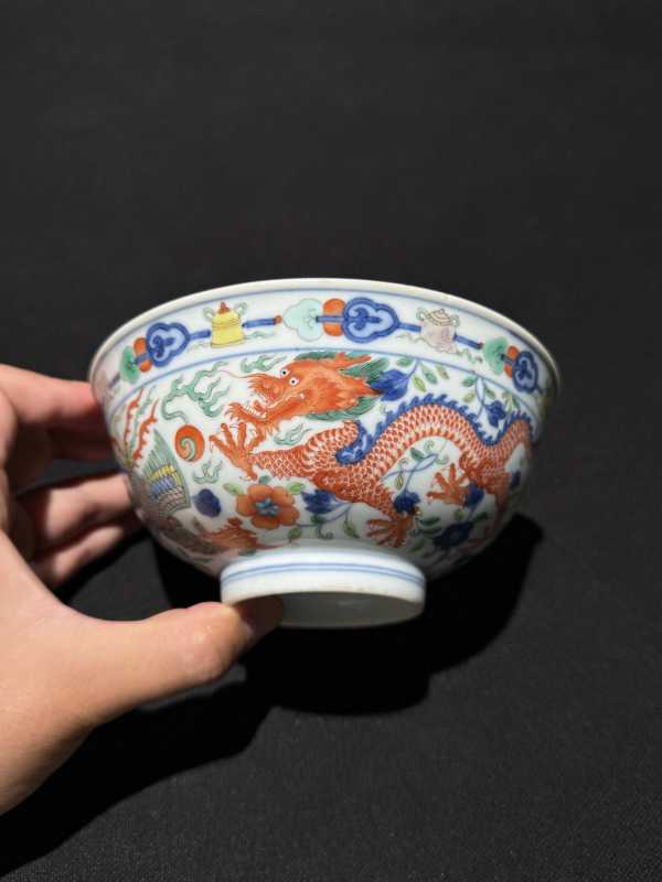 清道光 青花五彩龙凤纹碗 - 图3