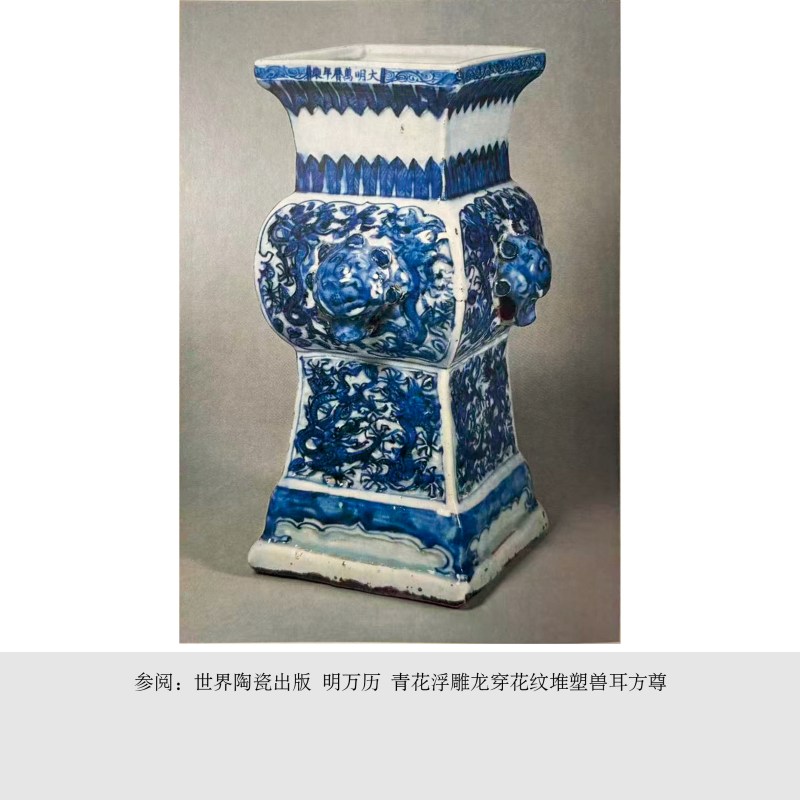 明万历 青花浮雕龙穿花纹堆塑兽耳方尊 - 图3