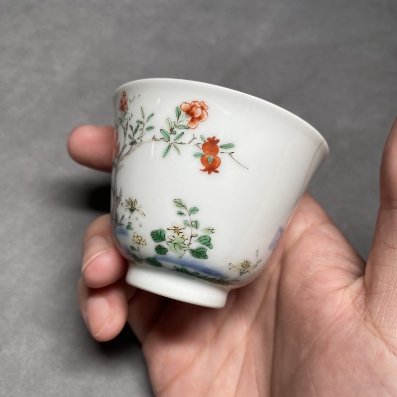 清雍正 青花五彩石榴花卉诗文花神杯 - 图7