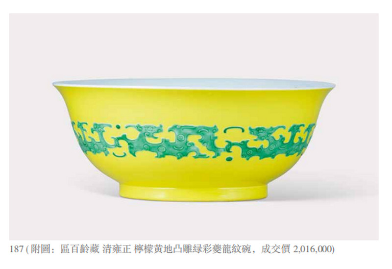 清雍正 柠檬黄地矾红模印夔龙纹大碗 - 图3