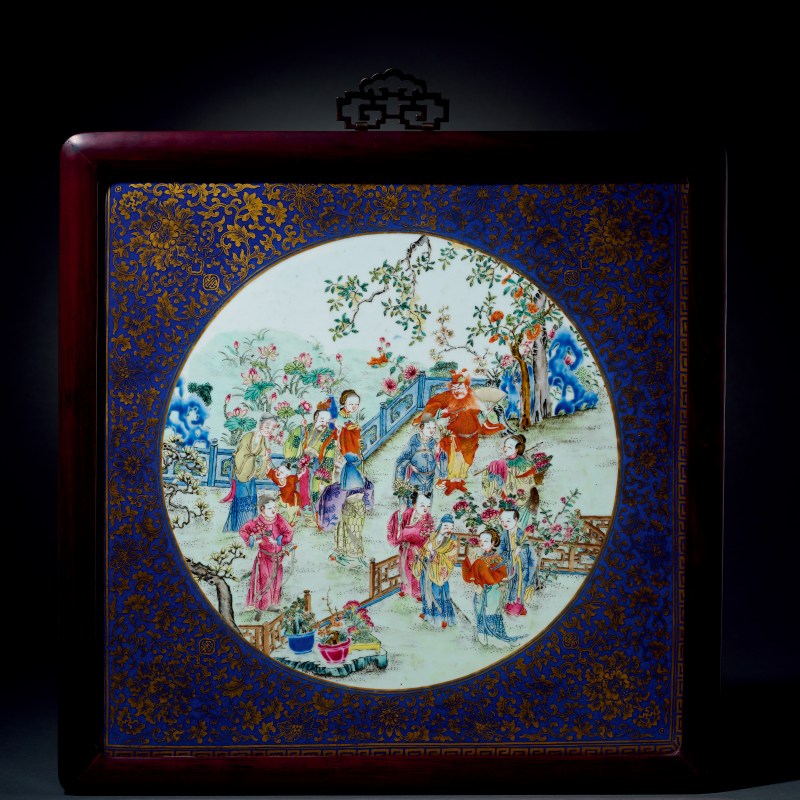 清嘉庆 蓝地描金粉彩十二花神瓷板 - 图1