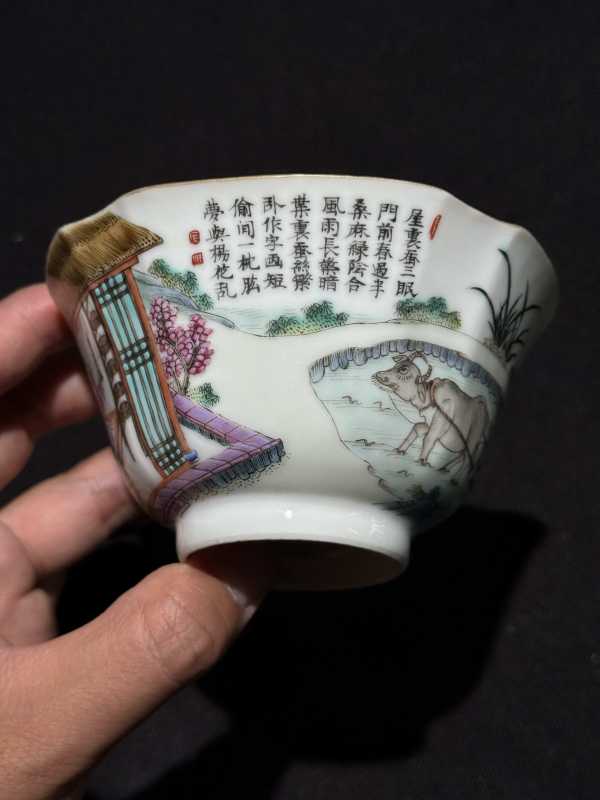 清道光 粉彩耕织图八方杯 - 图6