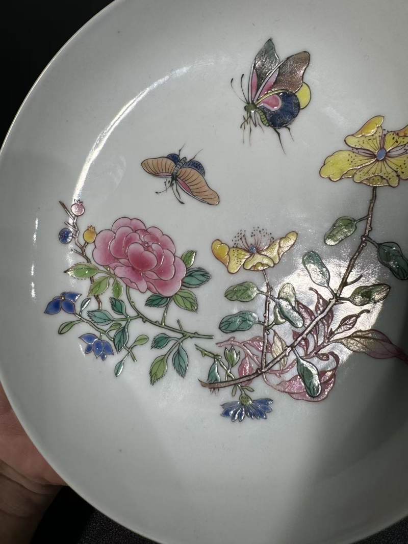 清雍正 外胭脂水釉内珐琅彩花蝶纹盘 - 图5