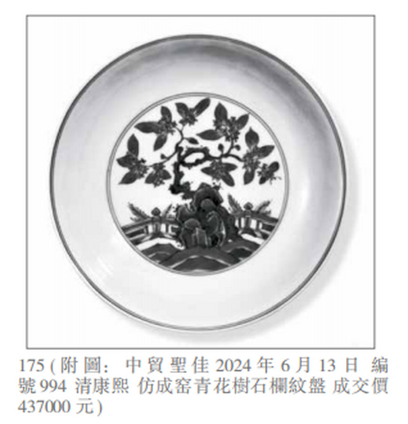 清康熙 仿成窑青花内树石栏杆外缠枝花卉纹盘 - 图2