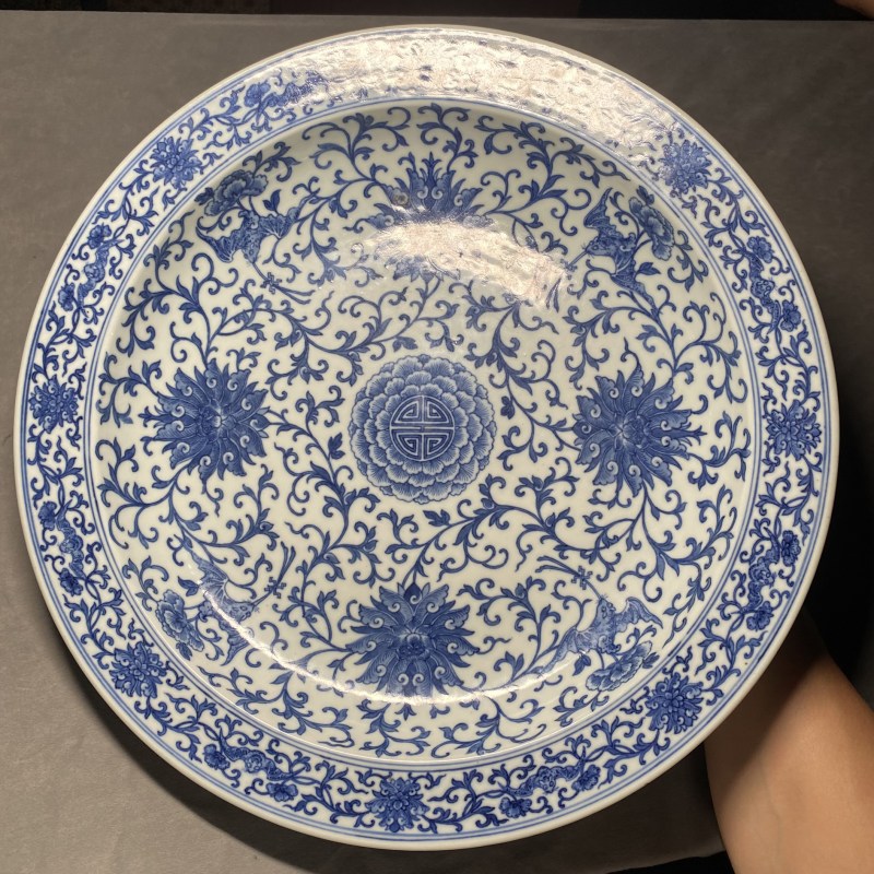 清道光 青花福寿连连纹折沿盘 - 图5