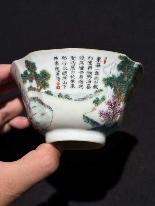 清道光 粉彩耕织图八方杯 - 图8