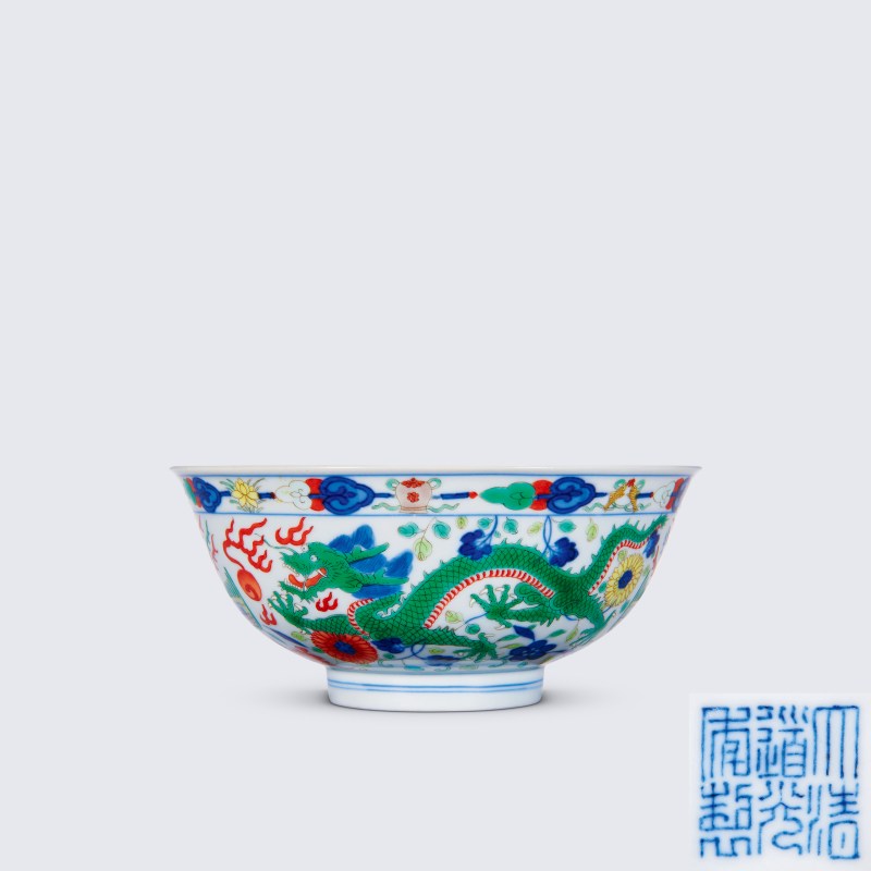 清道光 五彩龙凤纹碗
