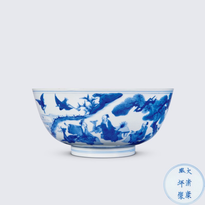 清康熙 青花春山聚贤图敦式碗 - 图1
