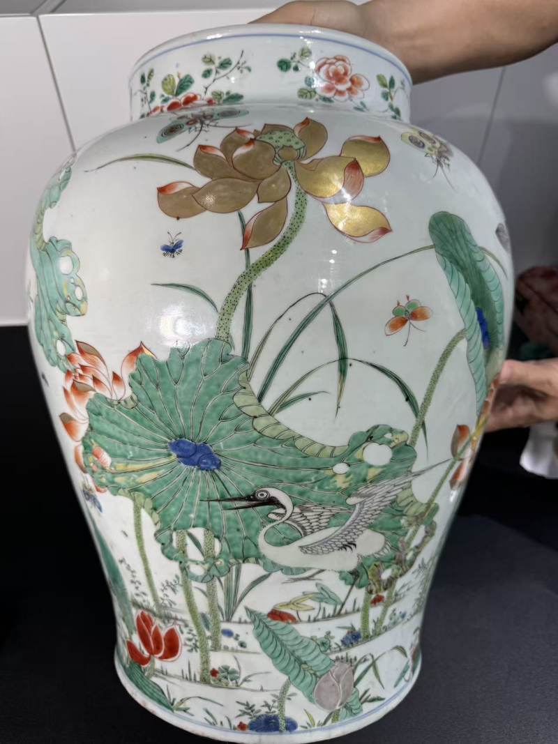 清康熙 五彩荷塘一路连科纹大罐 - 图3