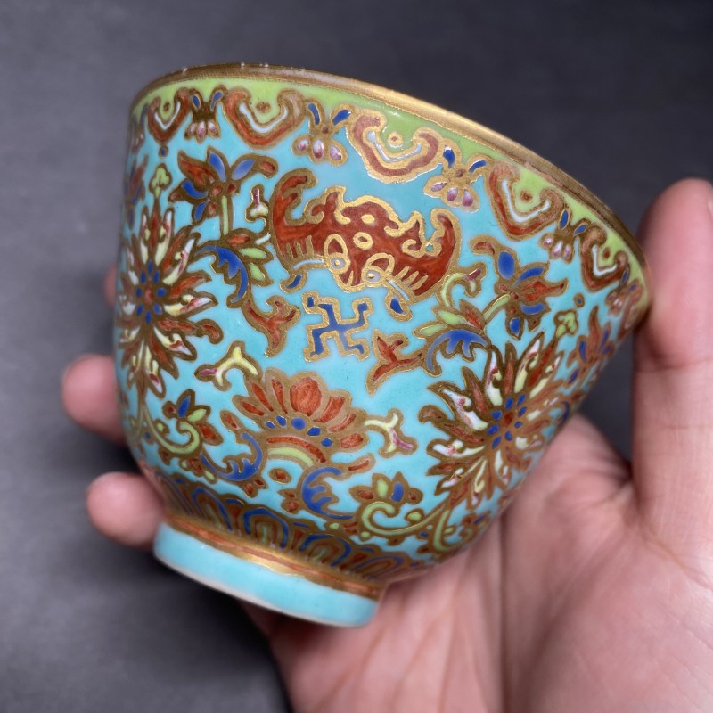 清光绪 松石绿地粉彩万福连绵纹杯一对 - 图8