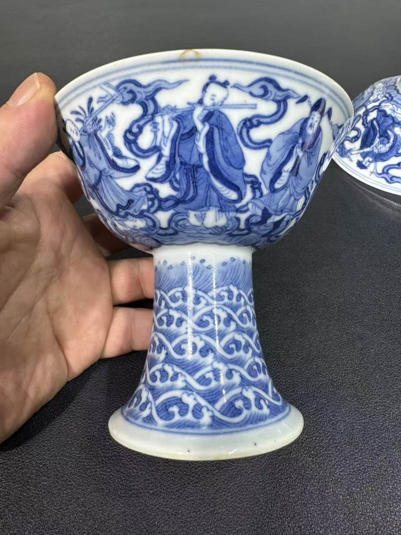 清道光 青花八仙祝寿高足碗一对 - 图7