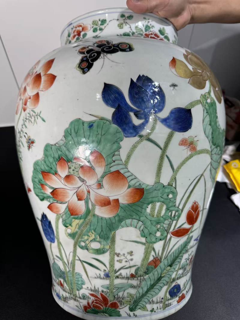 清康熙 五彩荷塘一路连科纹大罐 - 图4