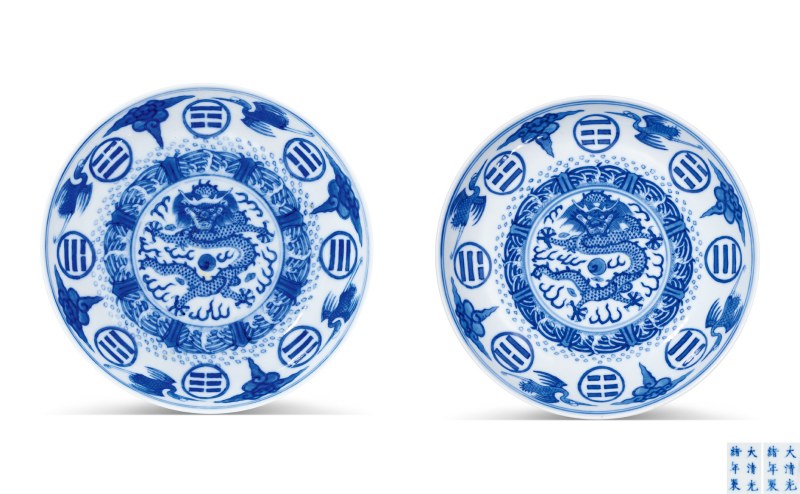 清光绪 青花云鹤八卦龙纹盘一对