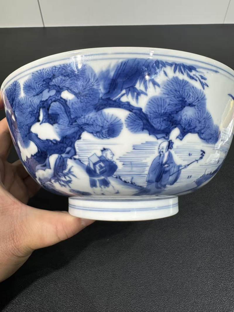 清康熙 青花春山聚贤图敦式碗 - 图3