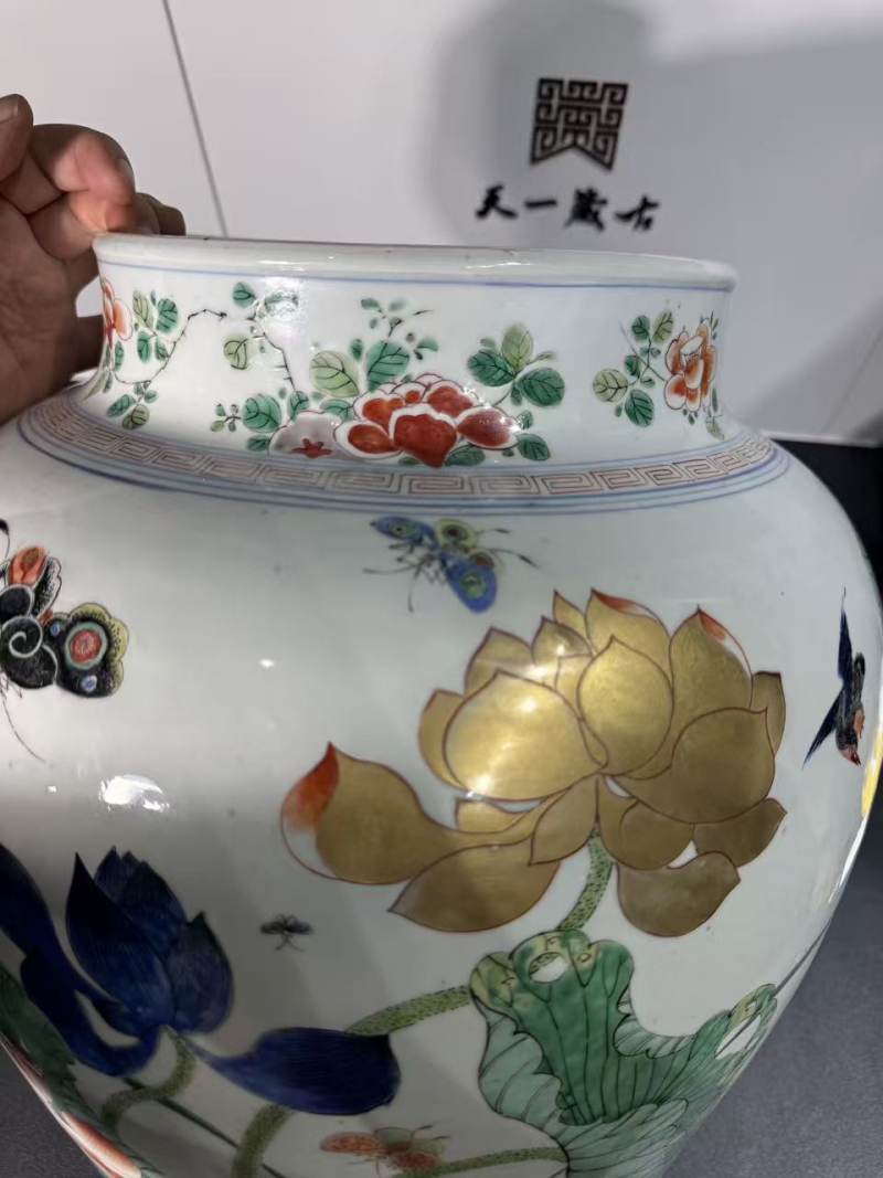 清康熙 五彩荷塘一路连科纹大罐 - 图5