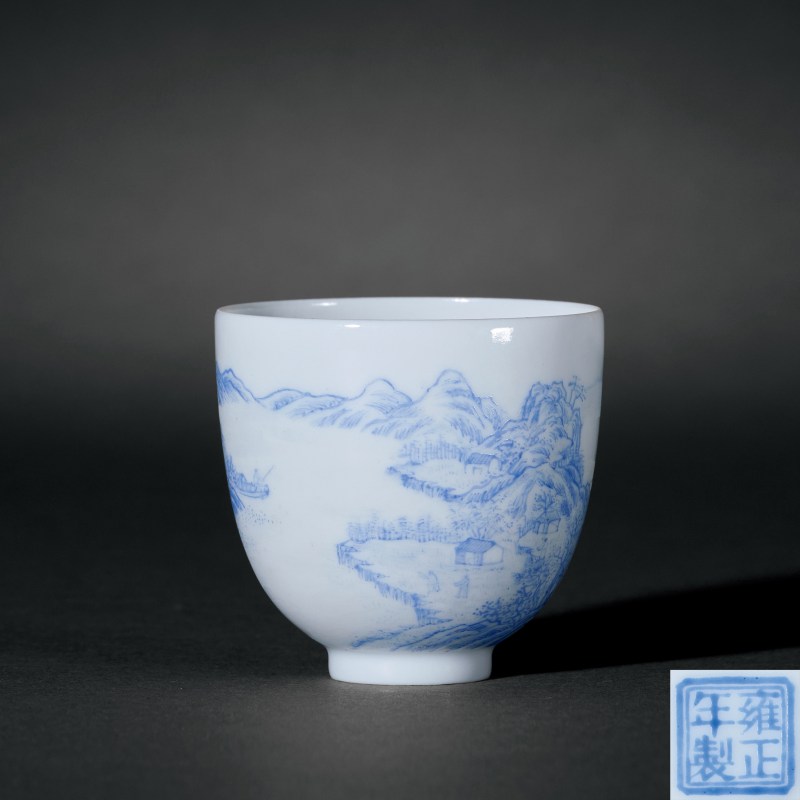 民国 蓝料彩湖山春色图杯 - 图1