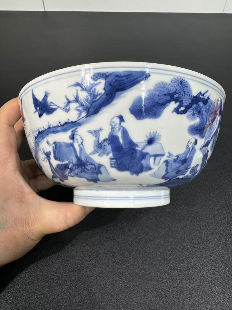 清康熙 青花春山聚贤图敦式碗 - 图4