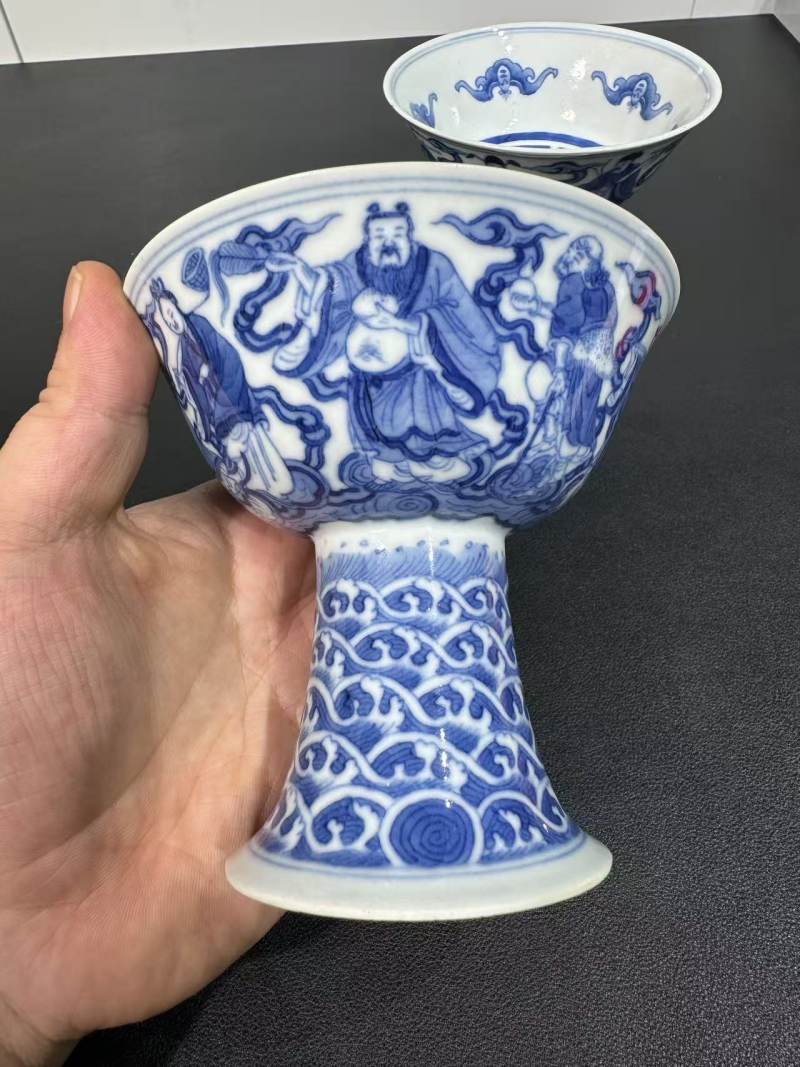 清道光 青花八仙祝寿高足碗一对 - 图2