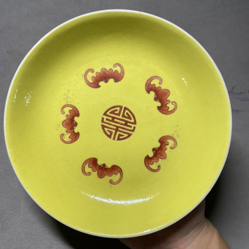 清嘉庆 黄地粉彩缠枝莲纹开光万寿无疆纹盘一对 - 图7