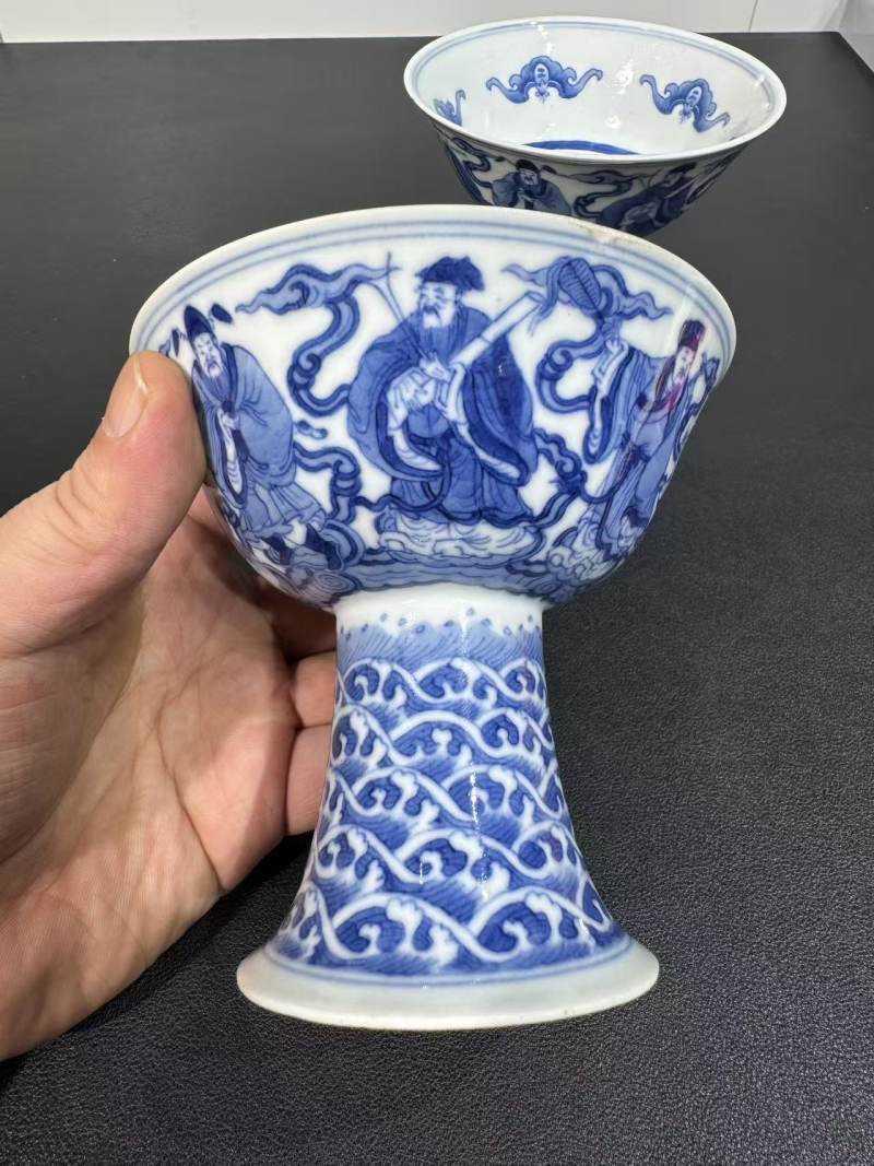 清道光 青花八仙祝寿高足碗一对 - 图3