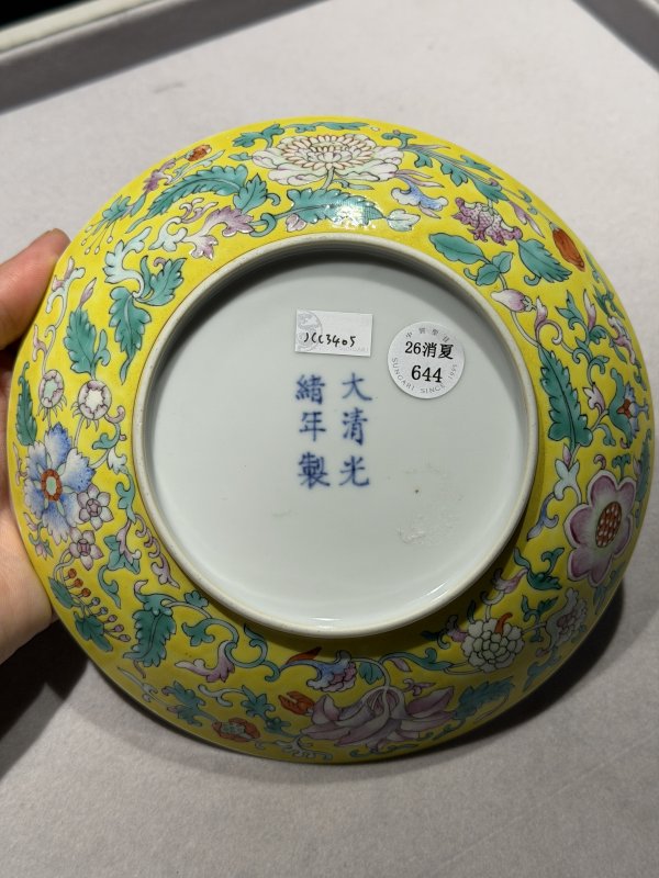 清光绪 内矾红五蝠外黄地粉彩西洋花卉纹盘 - 图7