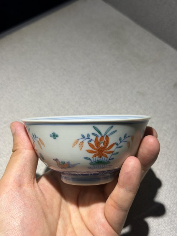 清道光 斗彩荷塘鸳鸯图碗一对 - 图26