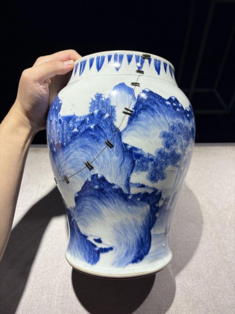 明崇祯 青花山水图莲子罐 - 图10
