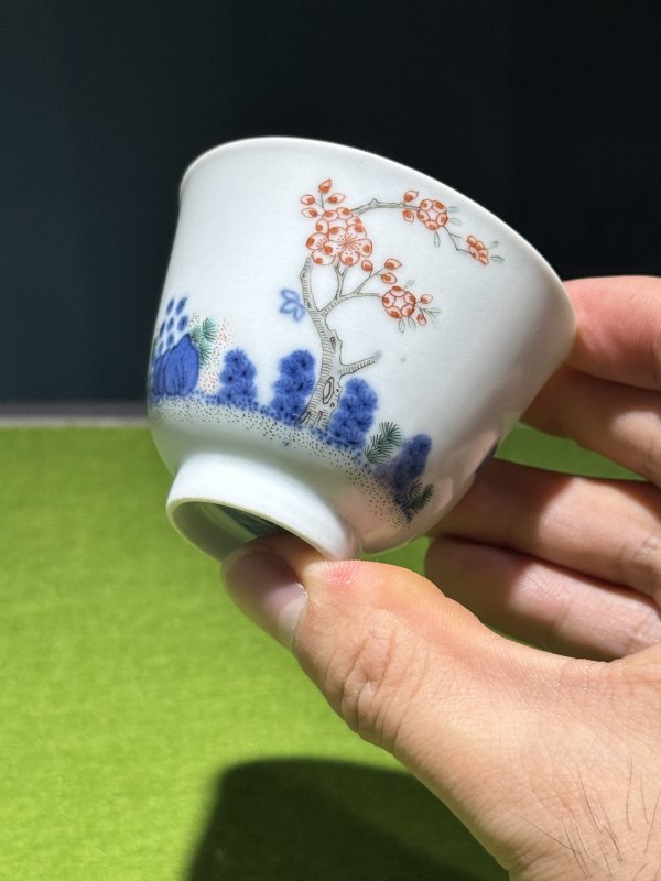 清道光 青花五彩二月杏花诗文花神杯（一对） - 图19