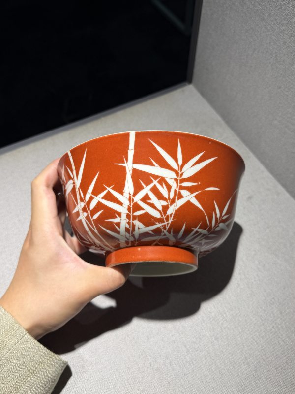 清道光 矾红留白竹纹碗一对 - 图14