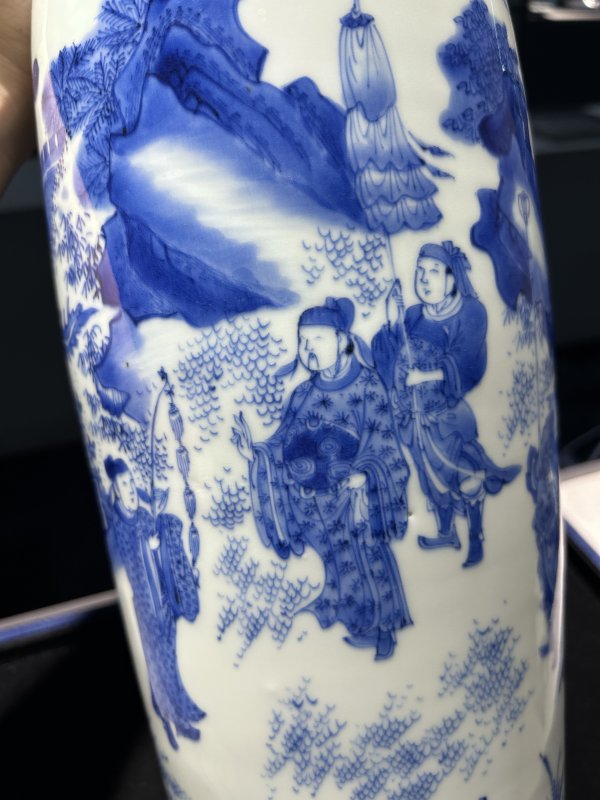 明崇祯 青花李陵别苏武图筒瓶 - 图7