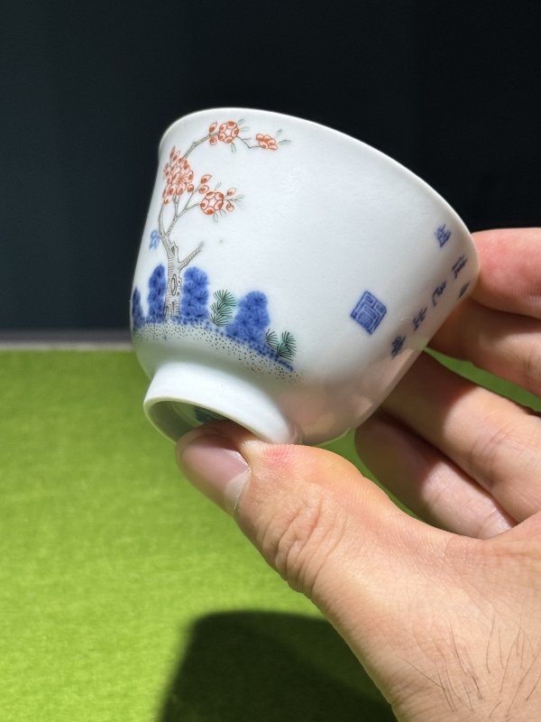 清道光 青花五彩二月杏花诗文花神杯（一对） - 图20
