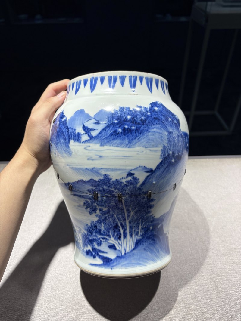 明崇祯 青花山水图莲子罐 - 图13