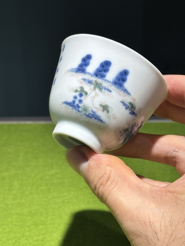 清道光 青花五彩二月杏花诗文花神杯（一对） - 图23