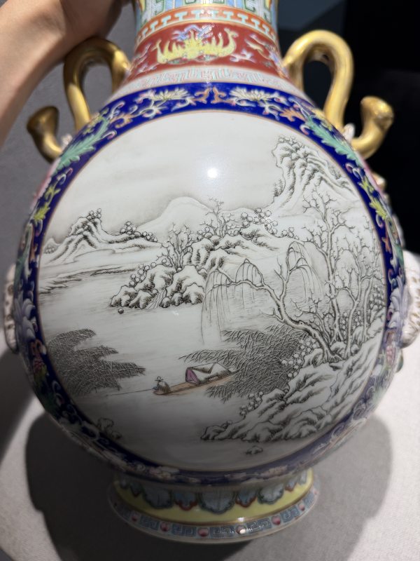 民国 仿乾隆洋彩开光雪景图吉庆有余双耳尊 - 图8