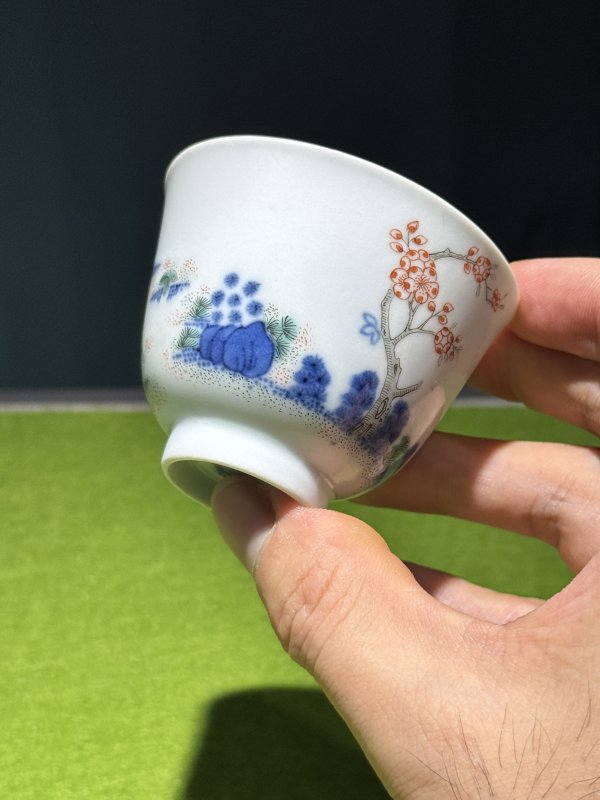 清道光 青花五彩二月杏花诗文花神杯（一对） - 图25