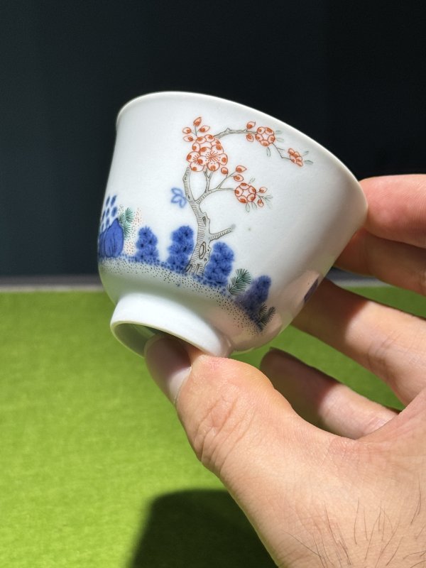 清道光 青花五彩二月杏花诗文花神杯（一对） - 图26