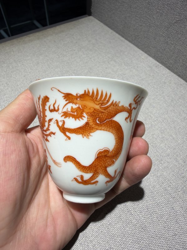 清道光 矾红龙凤纹铃铛杯一对 - 图2